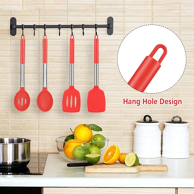 Large Silicone Cooking Spatulas and Spoons, BPA Free, 4 Pack (Red) | Slotted & Solid Stainless Steel Cooking Utensils Set, Non-stick Heat Resistant Kitchen for Baking, Fried, Stir-Fry, Serving