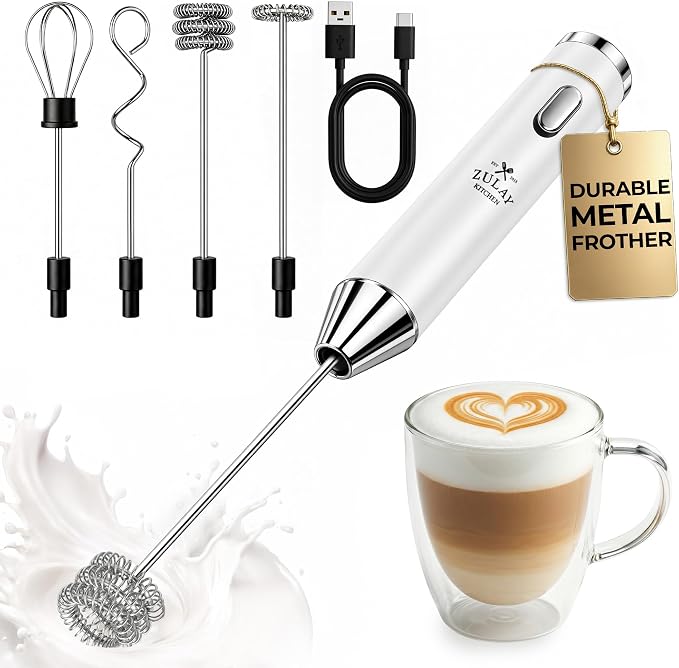 Zulay Kitchen Rechargeable Milk Frother Handheld - Frother Wand, Drink Mixer, Electric Whisk Frother, for Cappuccinos, Matcha & Protein Powder - Ultra Metal 4 Whisk, 1800mAh White