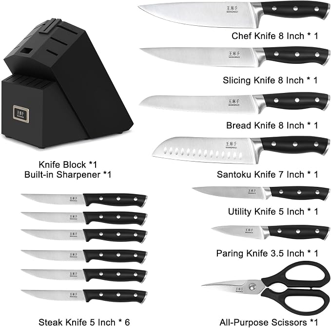 15 Pcs Knife Set with Block, Dishwasher Safe Kitchen Knife Set with Built in Sharpener Block, High Carbon Stainless Steel Dishwasher Safe Knives with Ergonomic Handles for Chef, Black Pro