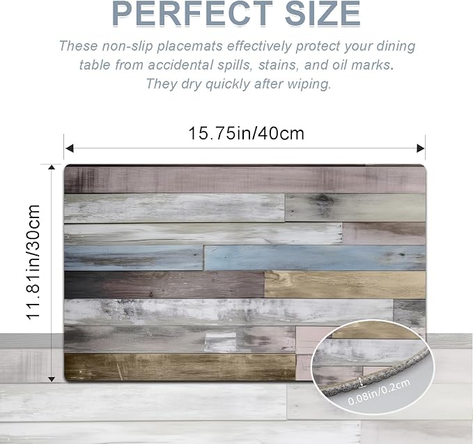 Farmhouse Placemats Set of 4 - Driftwood Faux Leather Heat Resistant Placemat for Dinner Table, Non-Slip Waterproof Oil-Proof Washable Reusable for Indoor Outdoor Kitchen Decor, 15.75In*11.81In