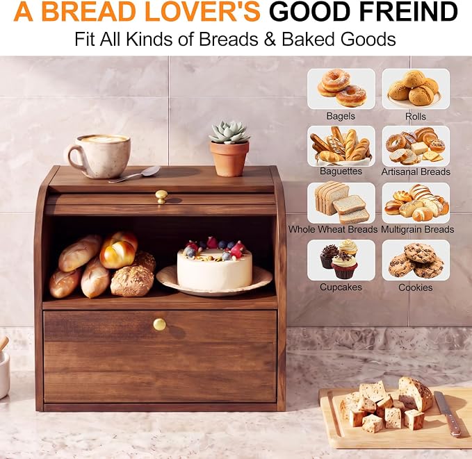 Alpeir Roll Top Bread Box with Cutting Board for Kitchen Countertop, Brown | Large Breadbox with Ventilation Holes, Double Layer Pantry Shelf, Wooden Homemade Bread Storage Container, Vintage Farmhouse