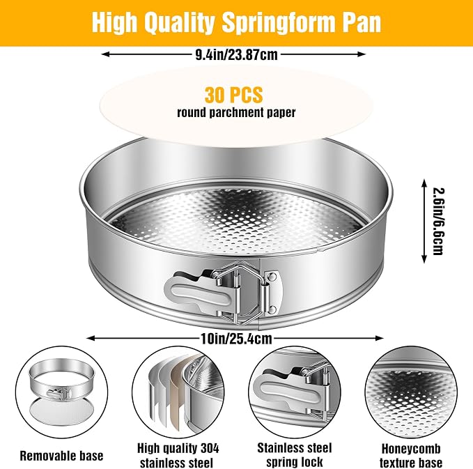 10 Inch Springform Cake Pan Stainless Steel Springform Pans Nonstick Leakproof Cheesecake Pan with Removable Bottom Round Baking Pans cheese cake for baking Includes 50 Parchment Papers