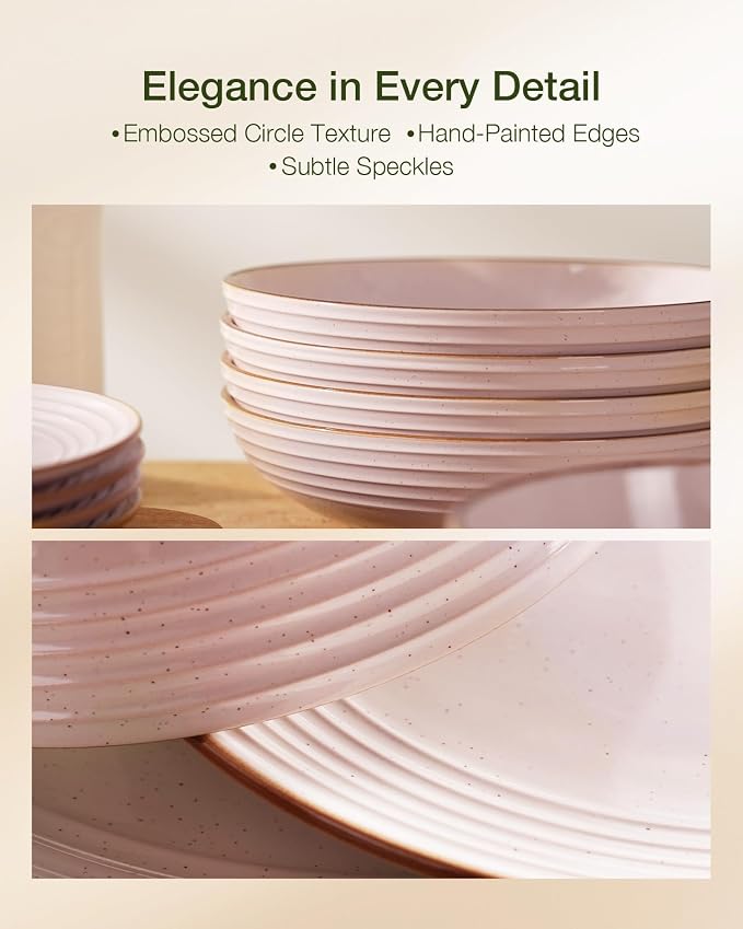 Famiware Jupiter Stoneware Dinnerware Sets with Pasta Bowls, Dishes for 4 | 16 pcs Speckled Plates and Double Bowls with Rim, Chip & Scratch Resistant, Microwave & Dishwasher Safe, Modern Neutral Pink