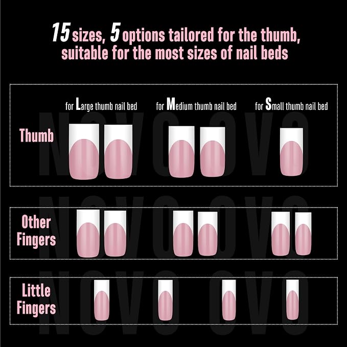 NOVO OVO Medium Sharp Square White French Tip Nail Tips Press on BERRY PINK, Extra Thick NEED Builder Glue Gel & Top Coat, Soft Gel Full Cover False Fake Nail Extension for Salon DIY x 15 Sizes 180 pc