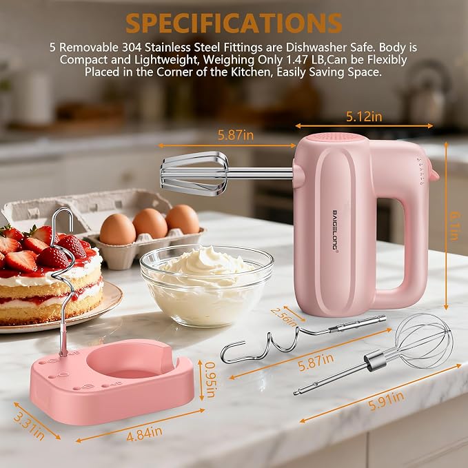 BAIGELONG Hand Electric Mixer, 5-Speed KitchenMixer with 5 * 304 Stainless Steel Attachments + Storage Base, Food Handheld Mixer for Baking, Whipping Cream, Cake Mixing, Pink