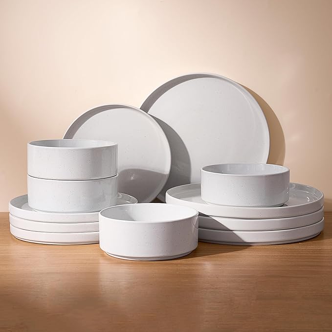 Famiware Nebula Plates and Bowls, 12-Piece Dinnerware Set, White | Stoneware Dish Set for 4, Dishwasher and Microwave Safe, Chip and Scratch Resistant