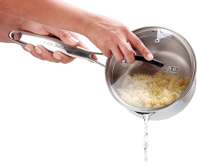 AVACRAFT 2.5 Quart Stainless Steel Saucepan with Glass Strainer Lid | 18/10 Stainless Steel, 5-Ply Capsule Base, Dual Pour Spouts, Induction Compatible, Ergonomic Handle, Dishwasher Safe