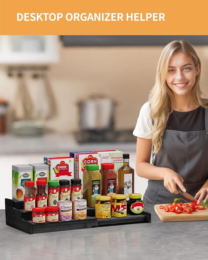 Spice Rack 3-Tier Natural Bamboo, Adjustable Cabinet Organizer Shelf | Expands 8.7-15.6"cabinets. Stepped design, labels visible.Storage organizer saves space, easy wipe. For spices, jars,cans.