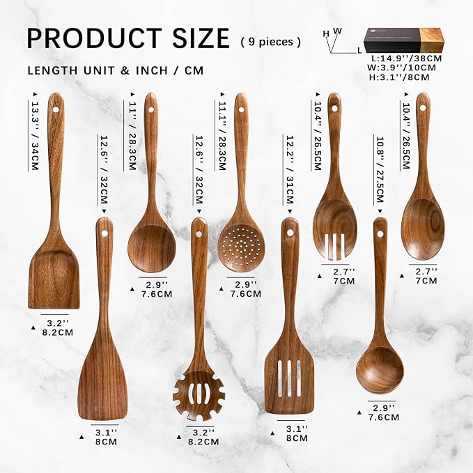 Wooden Spoons for Cooking, 9-Piece Acacia Wood Cooking Utensil Set | Spoons and spatulas stir, mix, flip and serve; balanced handles offer control while staying gentle on nonstick cookware.