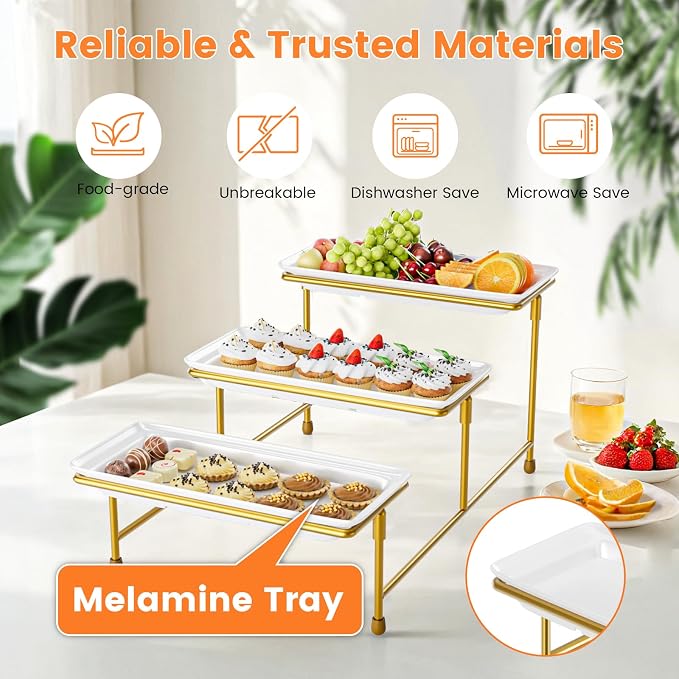 3 Tier Serving Tray, 15" Steel Stand, BPA Free Tiered Platter, Gold | Steel Frame, Sturdy & Stable. For Cookies, Veggie, Dessert & Fruit. Ideal For Parties & Weddings.