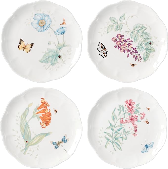 Lenox Butterfly Meadow 4-Piece Accent Plate Set, 3.79, Multi,White | porcelain, dishwasher safe, microwave safe | also great as a dessert plate for salad or bread, salad plates