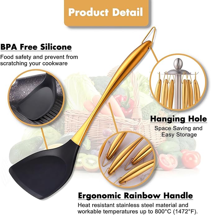Silicone Cooking Utensils Set, 17pcs Kitchen Utensil Set with Rotatable Holder, Heat-Resistant Silicone Utensils for Cooking, Non-Stick Spatula Set with Stainless Steel Handle,Turner,Ladle (Gold)