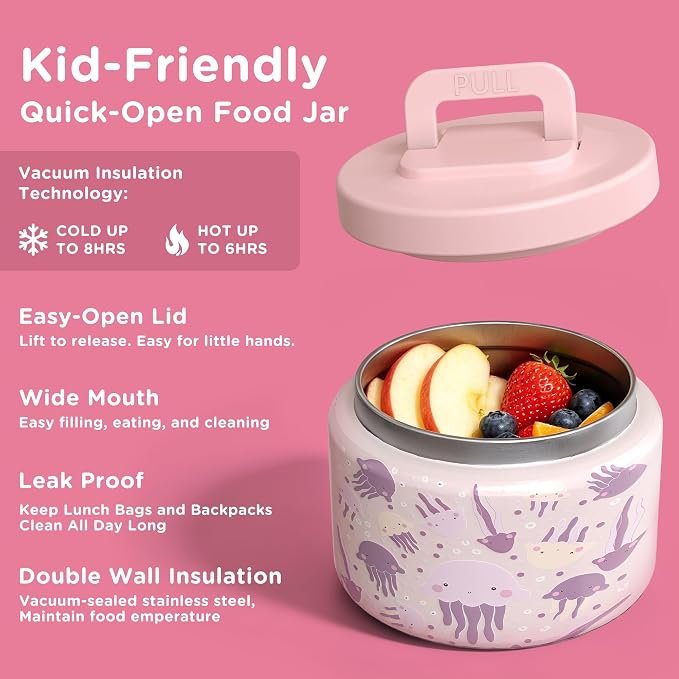 JXXM Bento Lunch Box for Kids with 8oz Soup Thermo,Leak-Proof Lunch Containers with 5 Compartment,Thermo Food Jar Food Containers for School (Pink-Jellyfish)