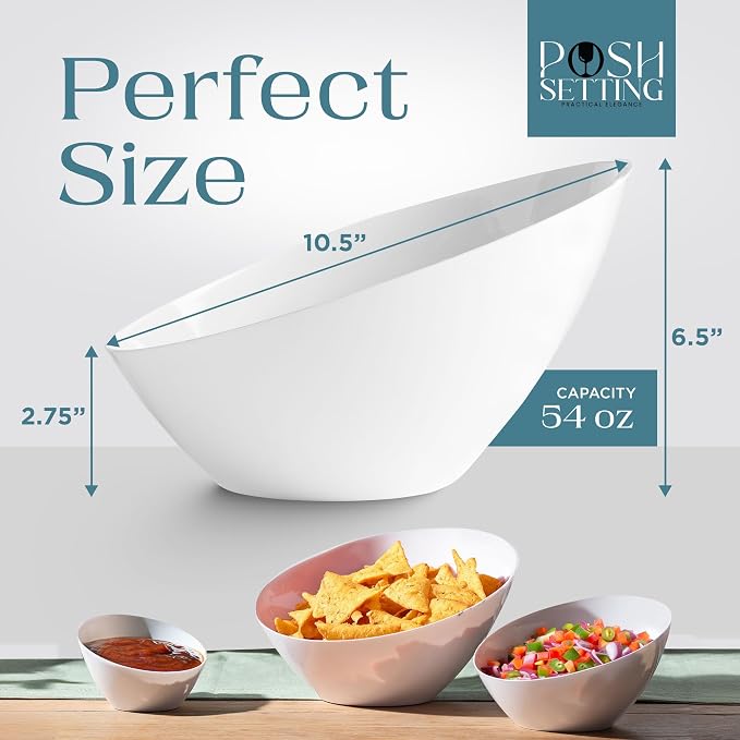 5 Pack White Angled Plastic Serving Bowl Disposable for Party Table 54oz | Angled Bowl Design. Chip, Candy, Salad & Fruit Use. Disposable Party Tableware. Buffet & Wedding Serving. White Plastic.