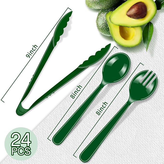 24 Pcs Green Plastic Serving Utensils Set - Heavy Duty Disposable Serving Spoons, Forks & Tongs (8 of Each) - Natural Catering Supplies for Salad Bars, Picnics, Garden Parties & Healthy Themed Events