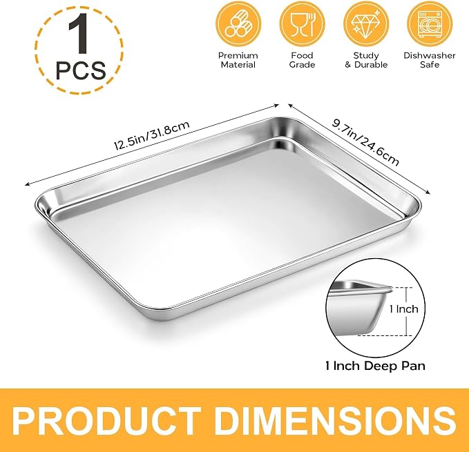 Onader 12.5" x 9.7" Inch Baking Sheet, Stainless Steel Quarter Sheet Pan for Baking & Roasting, Metal Cookie Toaster Oven Pan Tray, Mirror Finish & Dishwasher Safe, 1-Pack