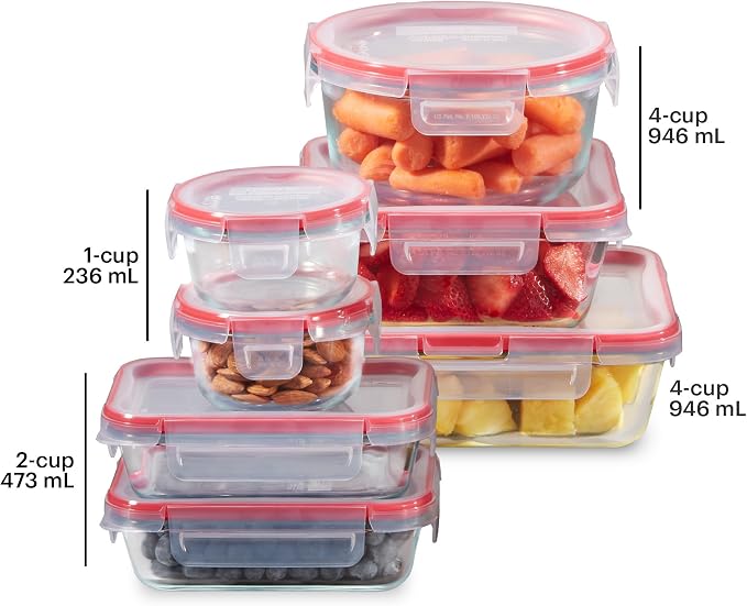 Pyrex Freshlock (7-Pack) Glass Food Storage Containers Set (1, 2, 4 Cup) | Meal prep containers with airtight locking lids, freezer, dishwasher, & microwave safe