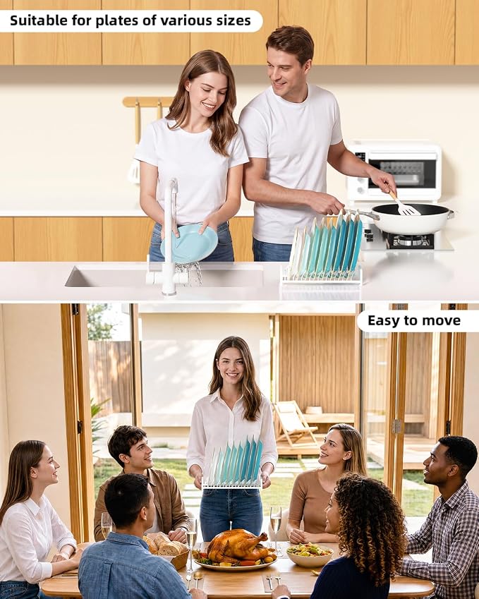 Plate Organizer for Cabinet -2Pack,Dish Rack Organizer for Cabinet Kitchen Countertop Drawer Space Saver，8 Slots Vertical Dish Plate Holder Storage Rack, Kitchen Housewarming Gifts for Women (White)