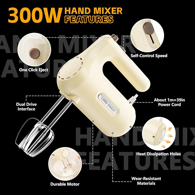 Lord Eagle 5-Speed Small Hand Mixer Electric, 300W Compact Portable, Cream | Handheld Kitchen Mixer Egg Beater with 5 Attachments & Storage Bag, Cake Supplies for Bread Dough Baking, Lightweight