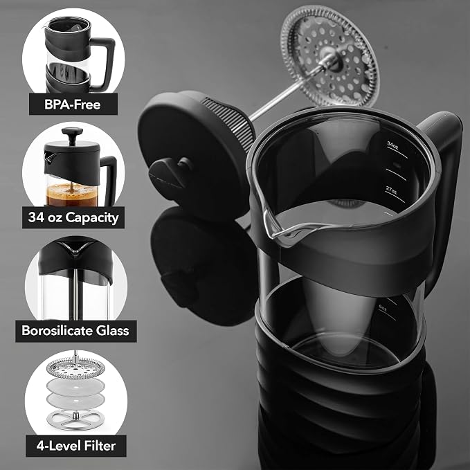 OVENTE 34oz French Press Coffee Maker with 4-Level Filtration, Black FPW34B | Heat-Resistant Borosilicate Glass Cafetiere, Dishwasher Safe Stainless Steel Filter, Compact Cold Brew for Travel and Camping