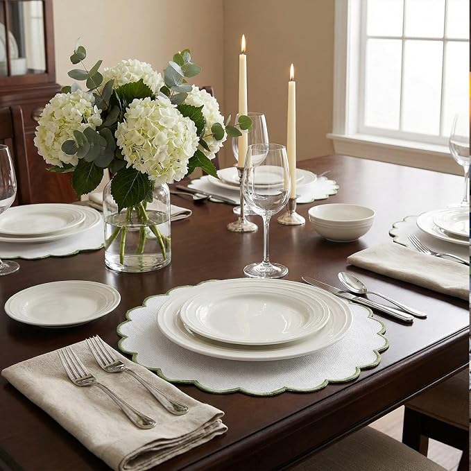 Set of 24 White Cotton Placemats 15" Round Scalloped Green | Double Layered Cotton Fabric, Washable Embroidery, Green Edge Edge, Rustic Table Mats for Wedding Dining Table Decor