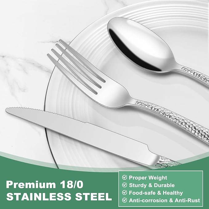 Hammered Silverware Set, 40-Piece Stainless Steel Wave Flatware Set for 8, Food-Grade Tableware Cutlery Set, Utensil Sets for Home Restaurant, Mirror Finish, Dishwasher Safe