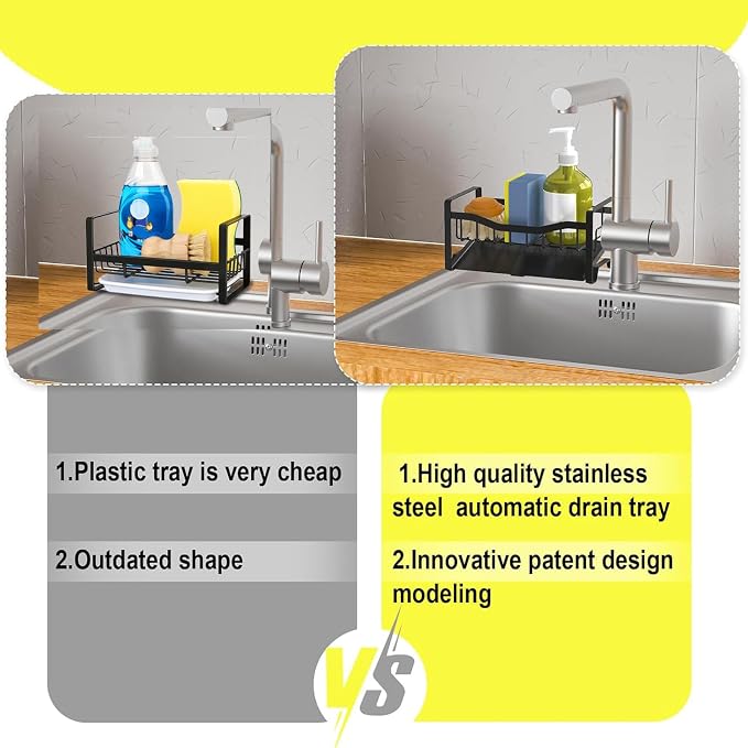 Stainless Steel Kitchen Sink Caddy Organizer with Auto Drain Tray, Sponge Holder for Countertop Storage