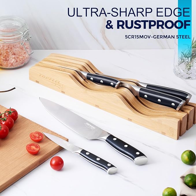 Topfeel 6PCS Kitchen Knife Set with In-Drawer Bamboo Knife Block | 8" chef,bread and Santoku knives, 5" utility and 3.5" paring knife with high-carbon stainless steel blades and gift box