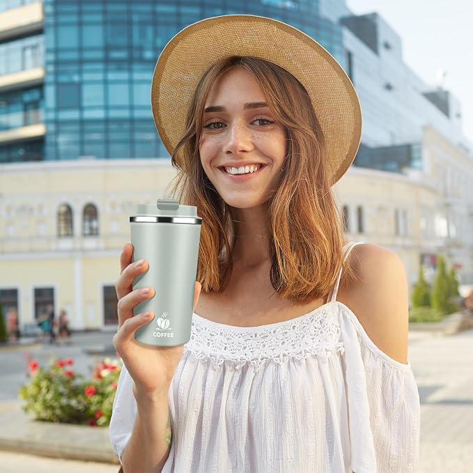 Insulated Travel Coffee Mug Reusable Coffee Tumbler Cup with Flip Lid Leak Proof Spill Proof for Office School Party Camping Hot and Cold Drink,Stainless Steel 17oz (Agave Green)