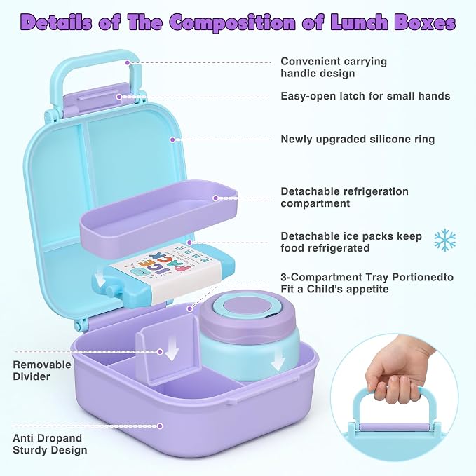 Bento Lunch Box for Kids with 7oz Soup Thermo,Insulated Stainless Steel Kids Water Bottle with Straw and Insulated Lunch Bag,Leak-Proof Lunch Food Container with Ice Pack for School(Purple)