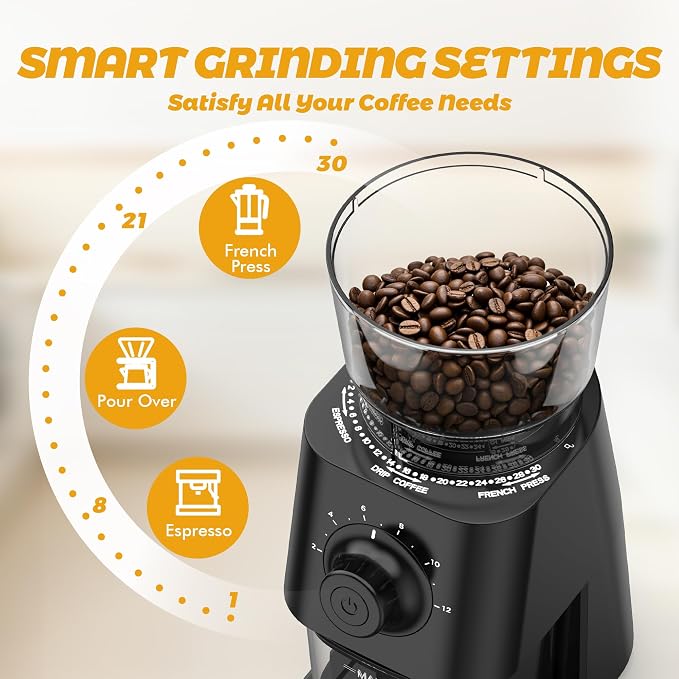 AYCHIRO Coffee Grinder Electric, Coffee Beans Grinder for Home Use with 30 Grind Settings - 12 Cups Capacity for Espresso, Drip & Americano, Black