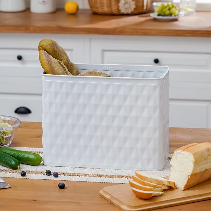 Extra Large Diamond Pattern Embossed Bread Box with Bamboo Lid | Corner Breadbox for Homemade Bread, White Metal Bread Storage Container Bin for Kitchen Countertop, Fits 2 Loaves of Bread