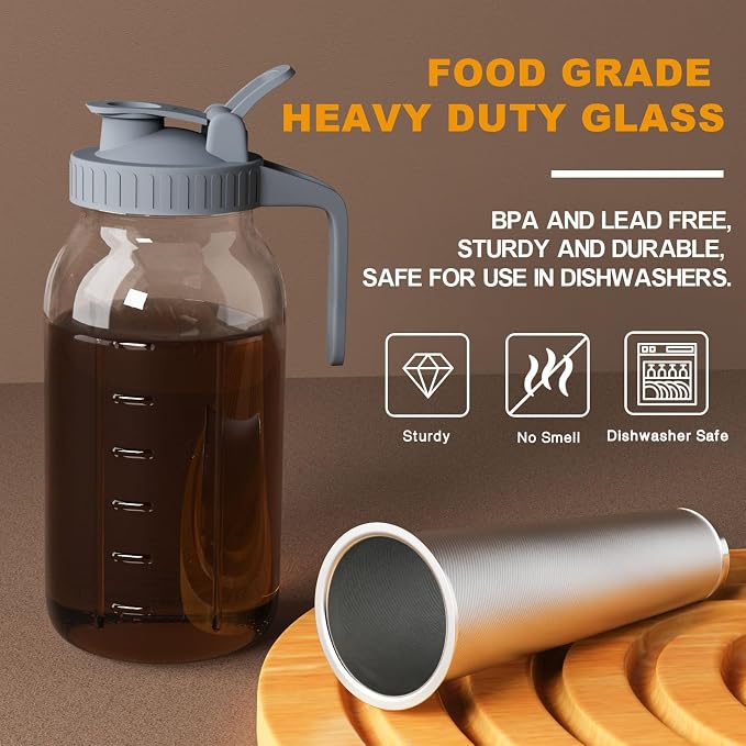 Cold Brew Coffee Maker, 64 oz Glass Mason Pitcher | 100μm stainless steel filter, wide mouth design, leak-proof lid with handle, pour spout for iced coffee, tea and cold drinks