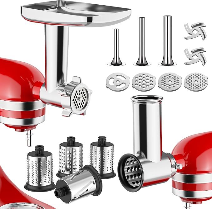 HOZODO Meat Grinder & Cheese Grater Attachments for KitchenAid Mixer | 2-Pc Set with Stainless Steel Slicer Shredder & Food Grinder, Kitchen Aid Accessories and Attachments