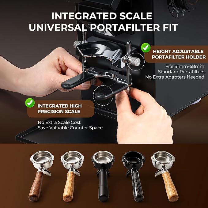 Grind by Weight Commercial Coffee Grinder, 64mm Flat Burr | Touchscreen, ±0.1g precision, dual dosing modes, 14 grind settings, 350w motor, fits portafilters, easy clean, for cafe use