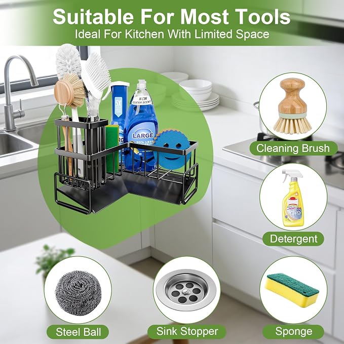 Fikoksol Large Sponge Holder for Kitchen Sink, 90-Degree Sink Caddy Storage | Self Draining Sponge Rack for Countertop, Metal L-Shaped Dish Soap Organizer with Brush Holder, Corner Sink Storage Ideas