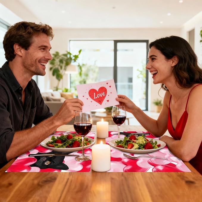 Cute Cat Themed Valentine's Day Paper Placemats, 50 Pcs Disposable Love Heart Table Mats for Couples Dinner, Holiday Party Table Decor
