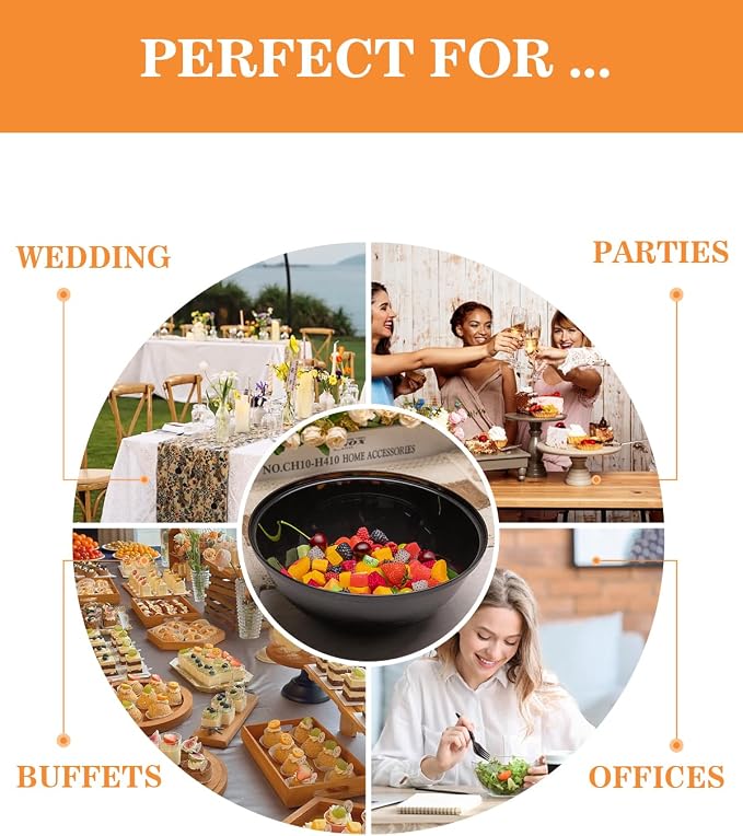 BESTVIP 150 Oz Black Plastic Serving Bowls, 4 Pack | 11.6-Inch Disposable & Reusable Bowls for Salad, Snacks, Chips & Candy, Stackable for Parties, Holidays & Meal Prep