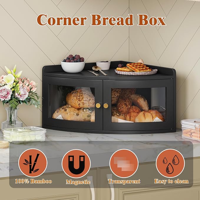 Trironsun Corner Bread Box for Kitchen Counter with Acrylic Transparent Door Bamboo Large Capacity Bread Storage Bin Fan Shape Breadbox Holder for Homemade Bread (Black 1 Layer)