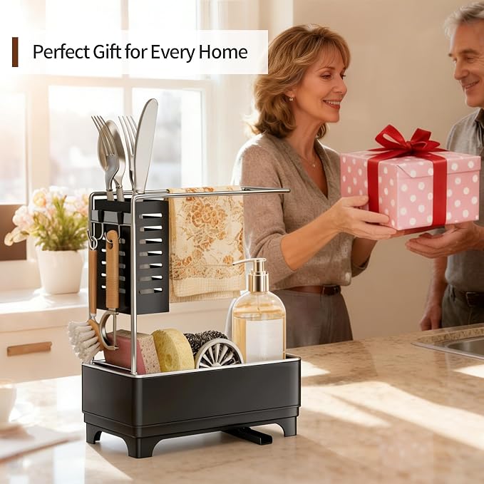 MOUKABAL 2-Tier Sponge Holder for Kitchen Sink, Sink Caddy Organizer Black | Large Capacity/Stainless Steel/Drain Holes Keep Items Dry/Holds Brush & Dishcloth/Side Hooks/Kitchen Counter Organizer