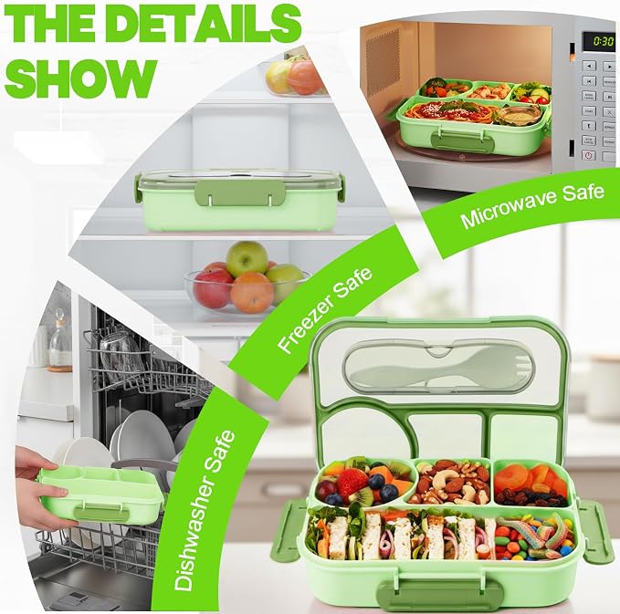 Bento Box for Adults, 4 Compartments Lunch Box, Lunch Containers, Green