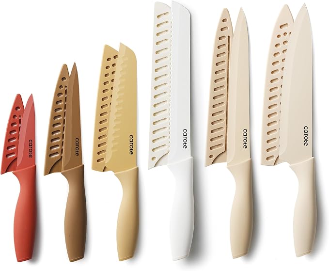 CAROTE Kitchen Knife Set, 6 Color-Coded Knives and 6 Blade Guards, 12-Piece | Stainless Steel Blades, Ceramic Nonstick Coating, Long-Lasting Sharpness, Rust-Resistant, Non-Slip, Dishwasher Safe