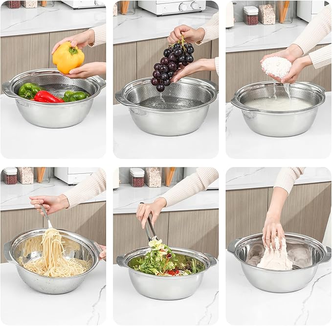 Paoli 304 Stainless Steel Fine Mesh Colander Set, 2.5QT Large Capacity Strainer with Mixing Bowl — Rinse Fruits, Veggies, Rice & Drain Pasta, Dishwasher Safe (2-Piece)