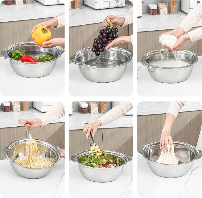 Paoli 304 Stainless Steel Fine Mesh Colander Set, 3.5QT Large Capacity Strainer with Mixing Bowl — Rinse Fruits, Veggies, Rice & Drain Pasta, Dishwasher Safe (2-Piece)
