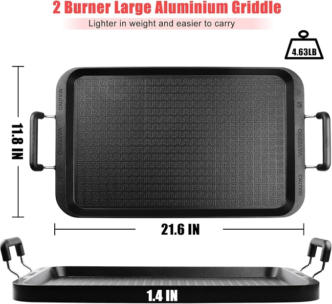 Stove Top Griddle, 22 Inch 2 Burner Large Grill Pan for Stove Top, Non-Stick Aluminum with Handles, Indoor Outdoor Cooking/Camping
