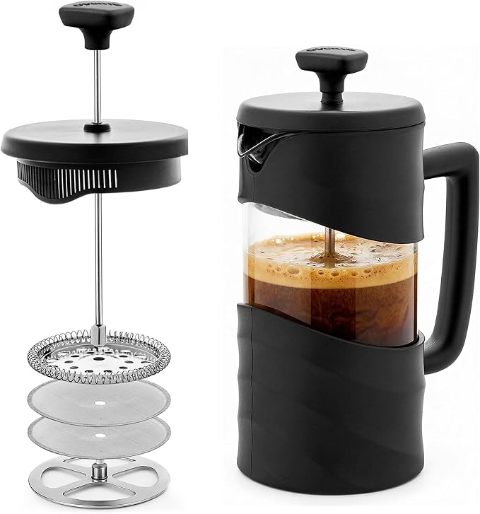 OVENTE 20oz French Press Coffee Maker with 4-Level Filtration, Black FPW20B | Heat-Resistant Borosilicate Glass Cafetiere, Dishwasher Safe Stainless Steel Filter, Compact Cold Brew for Travel and Camping