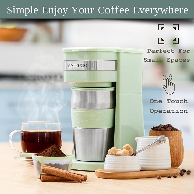Mixpresso Single Serve & Single Cup Coffee Maker with 14oz Travel Mug Green | For ground coffee only, reusable filter, auto shut off. Compact personal drip coffee maker, not compatible with K-Cup pods.