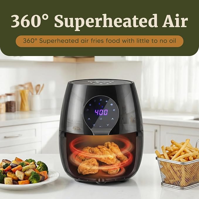 Elite Gourmet EAF5317D 5.3Qt Air Fryer, PFOA/PTFE Free, 1350W, Black | Digital, 7 Menu Functions, Oil-Less Healthy Hot-Air Cooking, Timer & Temperature Controls
