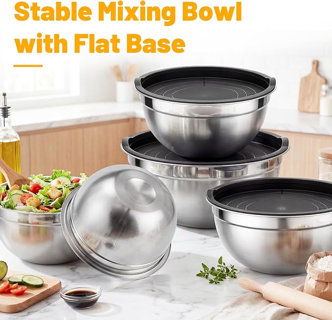 Beasea Mixing Bowls with Lids Set of 5, 1.5/2/2.5/3.4/4/5 QT Stackable Nesting Stainless Steel Bowls with Lids, for Meal Prepping, Salad, Food Serving, Baking Set for Dough, Cream, Batter