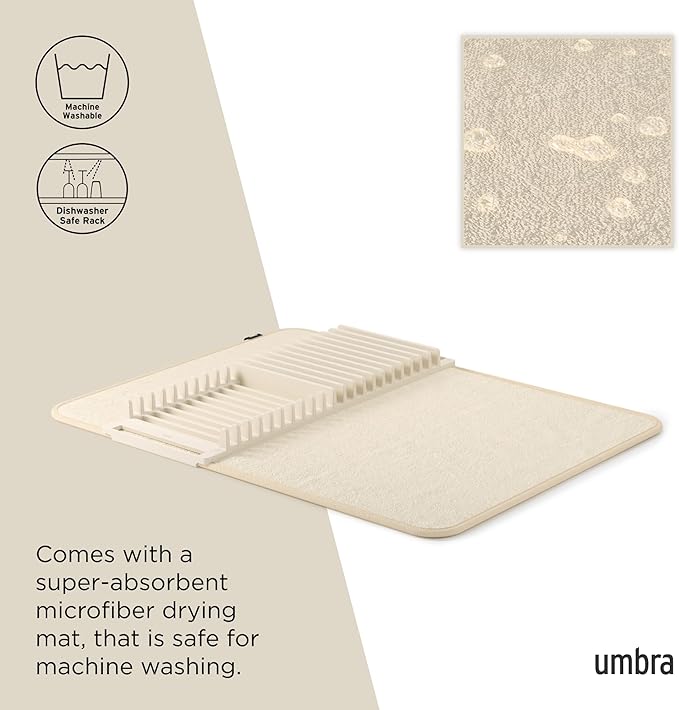 Umbra Udry Dish Drying Rack with Mat, Folds Flat for Storage, Linen | Protects countertop, BPA-free, recycled plastic construction